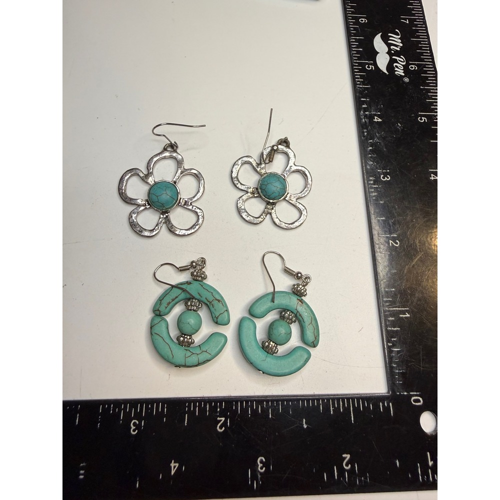 Silver Tone Faux Turquoise Flower & Geometric Drop Earring Set 2 Pairs Boho